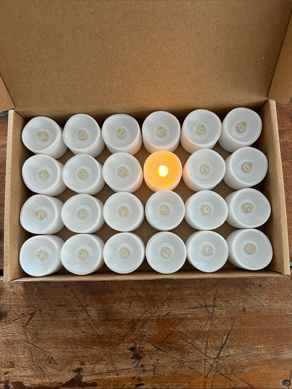 Set of White LED Tea Light Candles with Amber Flame with batteries (set if 24)